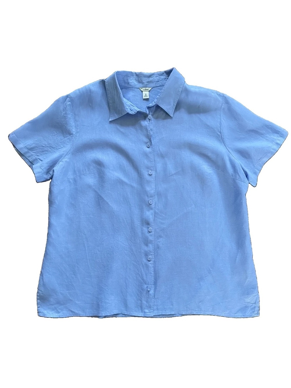 L.L. Bean Womens 100% Linen Periwinkle Blue Short Sleeve Button Shirt Size XL